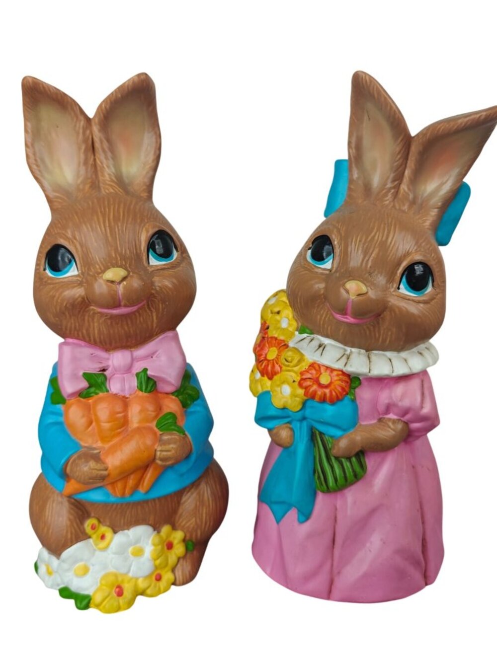 Vintage Ceramic Easter Bunny Figurines Pair Boy Girl With Flowers Handmade Japan